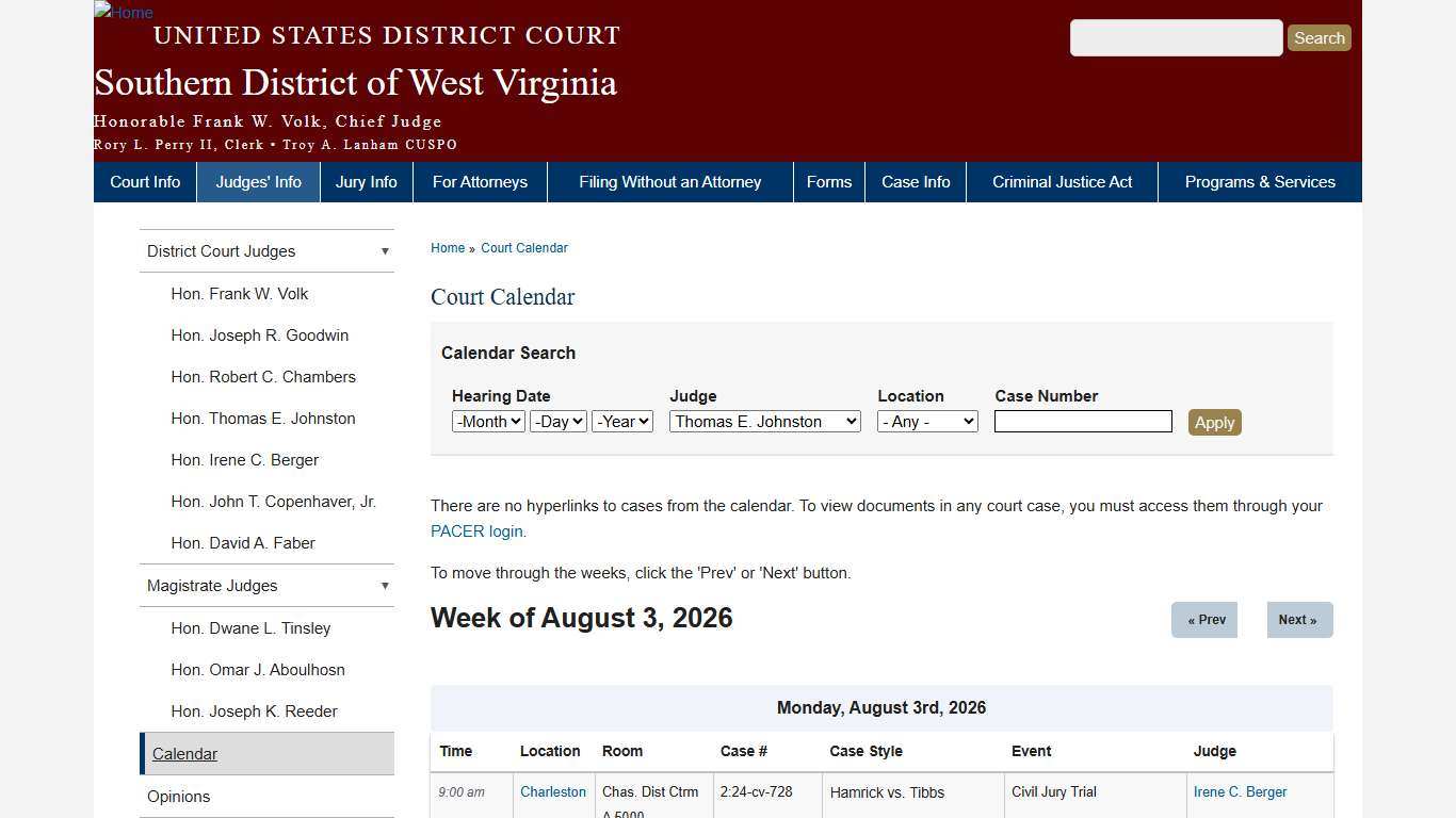 Court Calendar | Southern District of West Virginia | United States District Court
